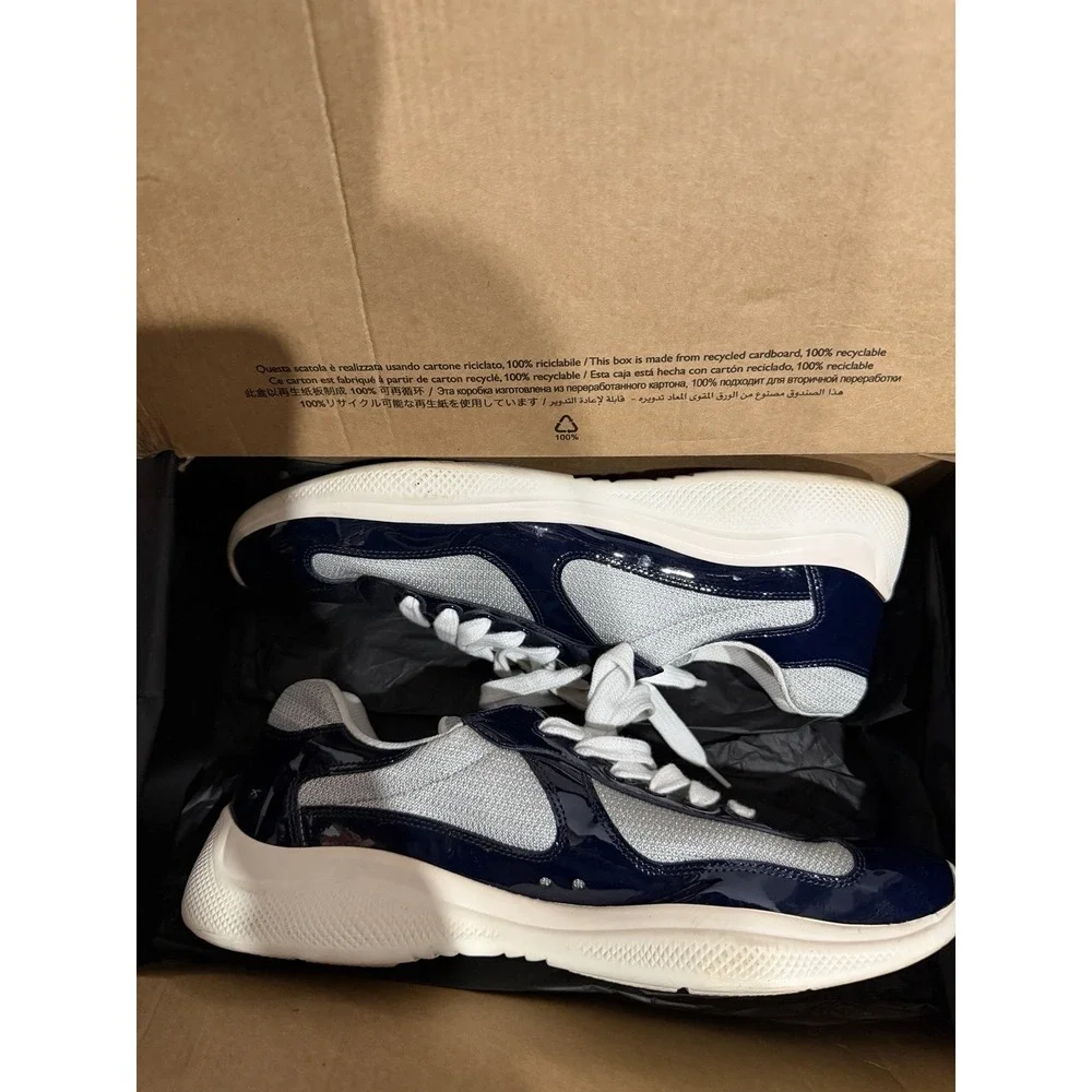 Prada Vernice Bike Patent Mesh Sneakers Navy/Silver Mens Size 11